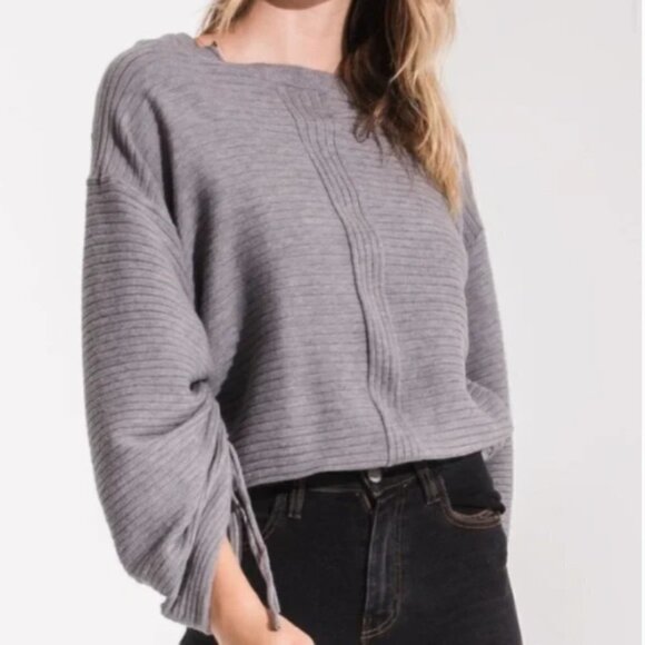 Rag Poets The Lena Crewneck Balloon Sleeve Cropped Sweater Gray size Large - Picture 1 of 7